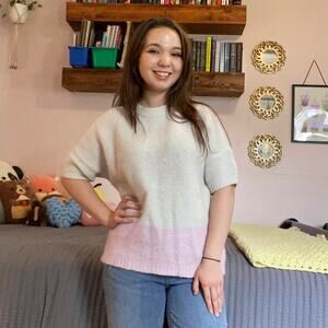 Lilla P Color blocked Wool Alpaca Crewneck Sweater Womens M/L Pink White